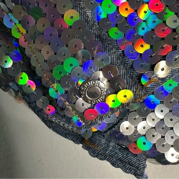 NWT Wren + Glory Hand Painted Bowie Denim Jacket Sequin Cropped Free People O/S - Picture 6 of 9